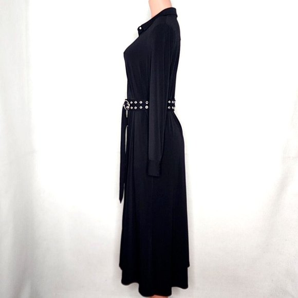T Tahari Black Midi Shirtdress Jersey Knit Grommet Belt Snaps - Picture 4 of 11